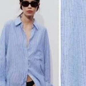 NWT Zara Blue & White Button Up Pinstripe Linen Blend Long Sleeve Women's XS